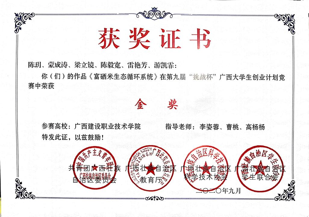 榮獲“挑戰(zhàn)杯”廣西大學(xué)生創(chuàng)業(yè)計劃競賽金獎